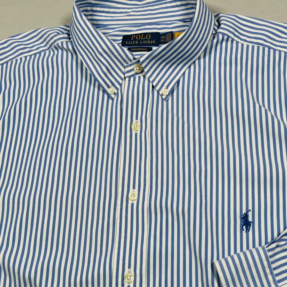 Polo Ralph Lauren Button Down Shirt Mens 2XB Blue White Striped Performance Long
